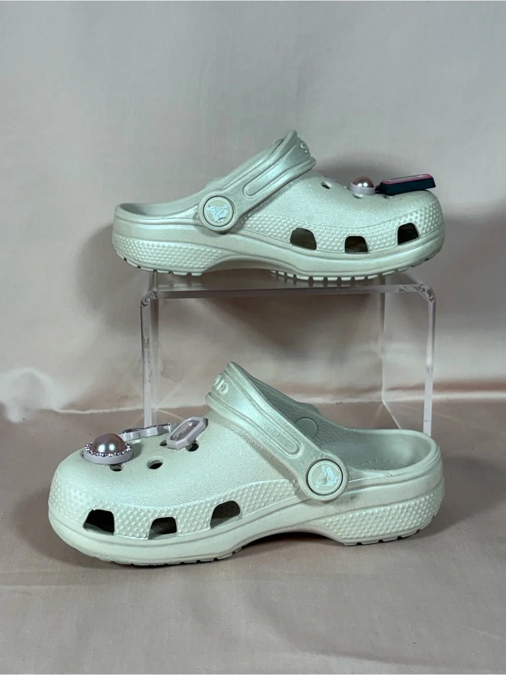 CROCS Kids Cream Color Iconic Comfort Clogs With, Jibbitz Size C11